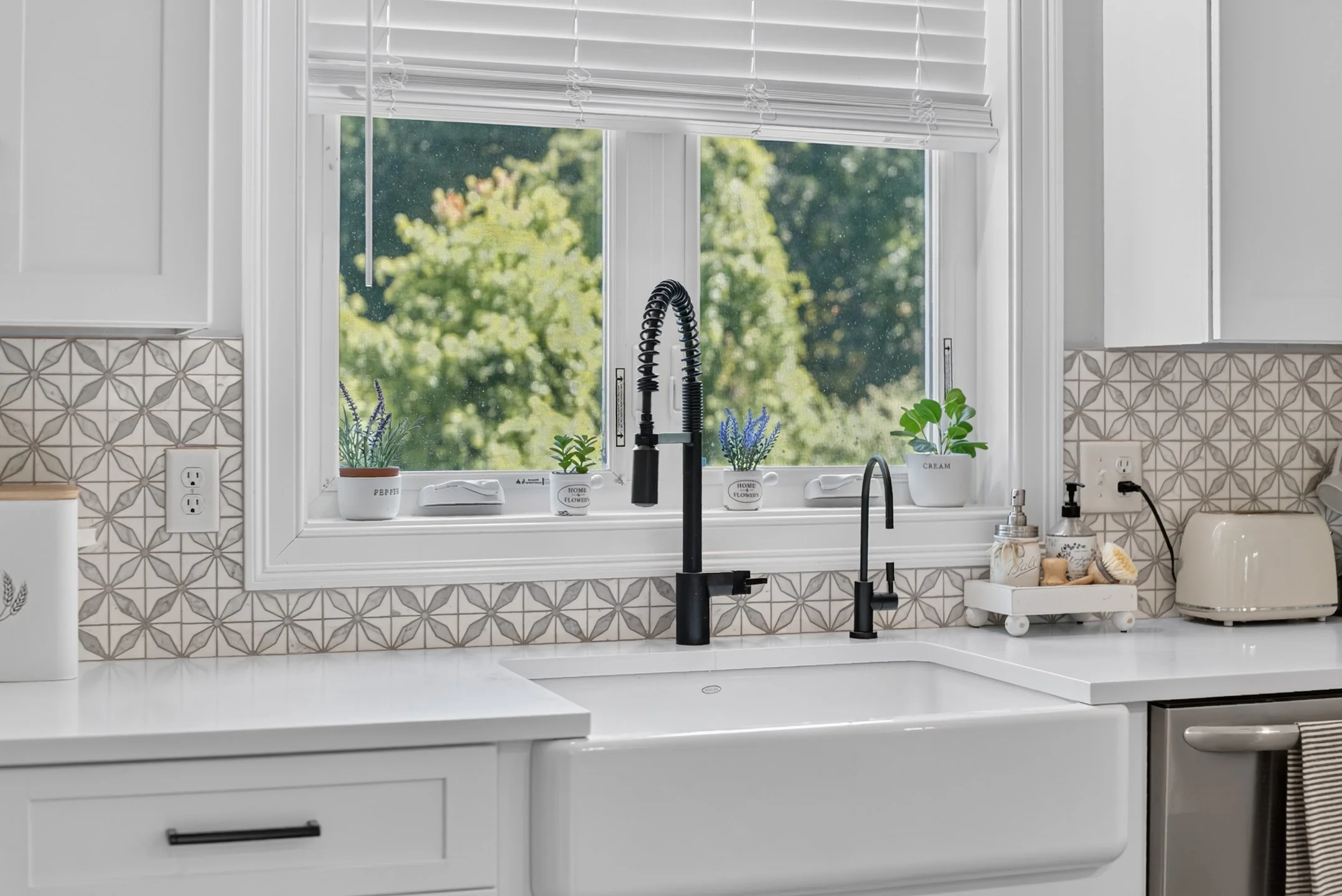 Farmhouse sink, patterned backsplash and window light